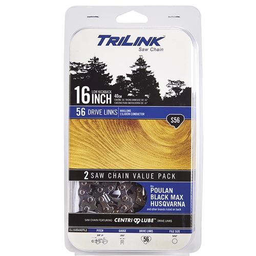 TriLink | Saw Chain | 16 In. | 56 DL | 3/8 In. LP | .050 In. | Semi-Chisel Reduced Kickback | 2 Pack